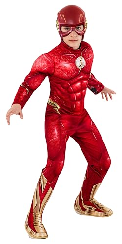 Rubies The Flash Deluxe Kostüm für Kinder, Jumpsuit mit muskulöser Brust, Stiefelüberzieher und Maske, offizielle DC Comics, The Flash für Karneval, Halloween, Partys und Geburtstage, M von Rubie's