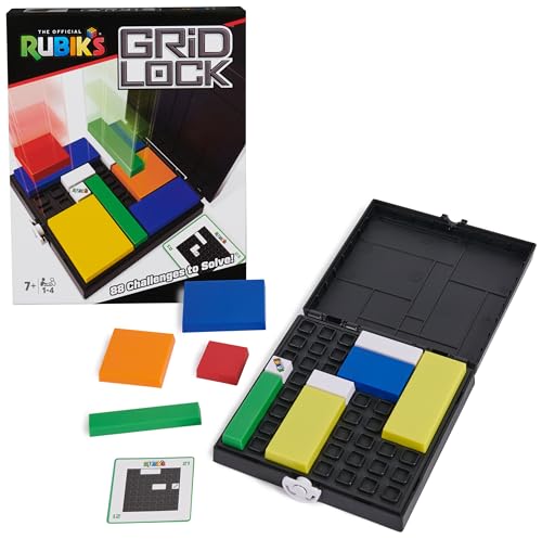 Rubik’s Gridlock, spannendes Knobelspiel mit 88 Aufgabenkarten, 4 Verschiedene Schwierigkeitsgrade, praktische Box für unterwegs, für 1 und mehr Spieler*Innen ab 7 Jahren von Rubik's