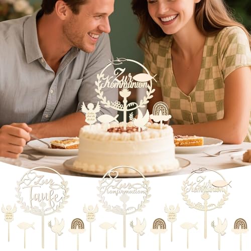 3 Set-Tortendeko Kommunion Holz,Cake Topper Happy Birthday aus Holz - Tortendeko Geburtstag, Kuchen Deko für Mädchen Jungen Frauen Männer (3, A) von Rubu22a
