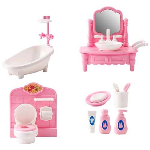 Rosa Puppenhaus Möbel Set Miniatur Puppenhaus Holzmöbel Zubehör, einschließlich Küche, Esszimmer, Wohnzimmer, Schlafzimmer, Badezimmer für Spielhaus (4) von Rubu22a