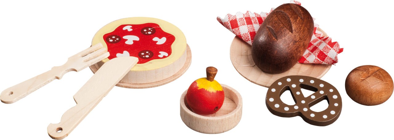 Küchenzubehör für Puppenhaus, Pizza und Brot von Rülke Holzspielzeug