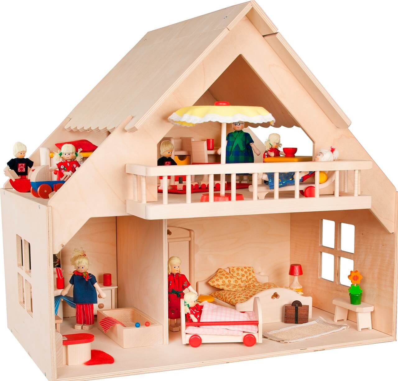 Puppenhaus mit Balkon, ohne Möbel und Zubehör natur von Rülke Holzspielzeug