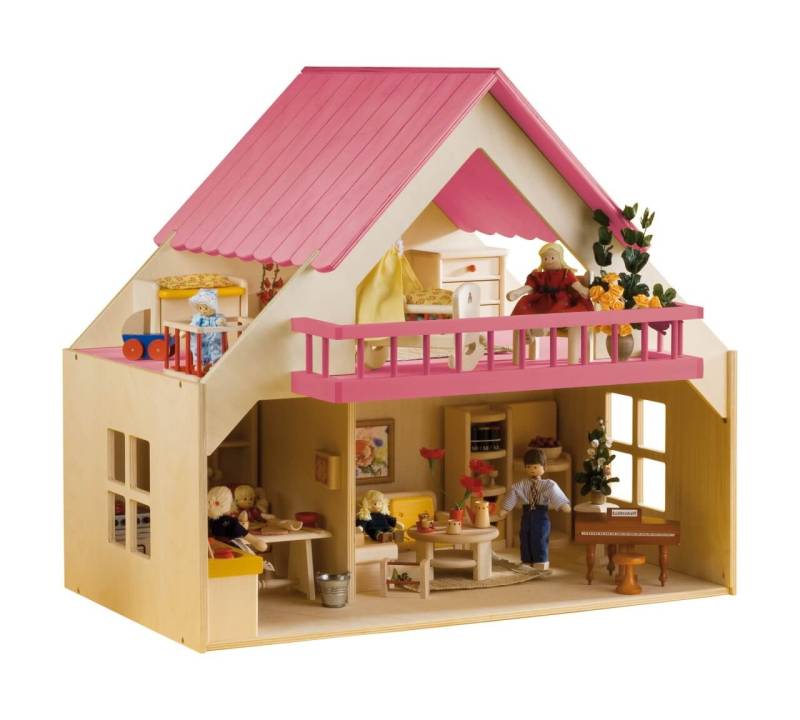 Puppenhaus mit Balkon, ohne Möbel und Zubehör pink von Rülke Holzspielzeug