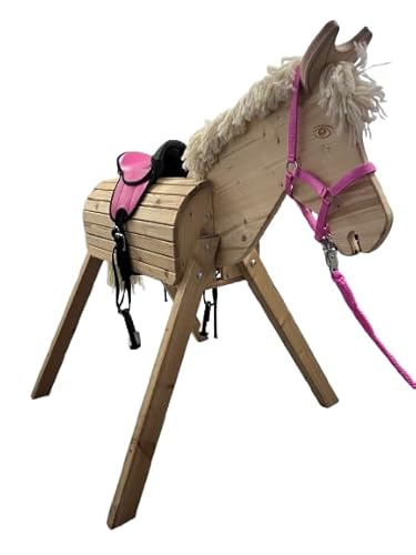 Rülke Holzspielzeug Gartenpferd Tom - Set in Rosa inkl. Sattel, Halfter, Führleine Holzpferd für draußen |125x 135x 100 cm (LxHxB) | Bis 100 kg | ab 3 Jahren | Handgefertigt in Deutschland von Rülke Holzspielzeug