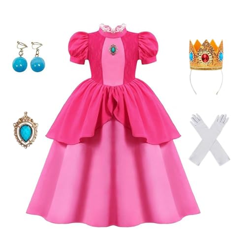 Ruichangxin Prinzessin Pfirsich Cosplay Kostüm Kleid Mädchen Prinzessin Pfirsich Kleid mit Krone Handschuhe und Ohrringen Party Dress Up von Ruichangxin
