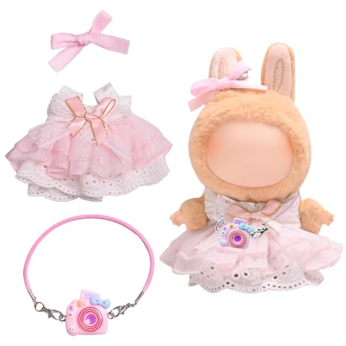 Bekleidung für 17CM Plüsch, Kuscheltier Kleidung Outfit, Puppenkleidung 17 cm, Plüsch Puppenkleidung 2 Stück, 1 Feenkleid und 1 Kameraanhänger, Junge und Mädchen, Ohne Puppe (Rosa) von Ruikdly