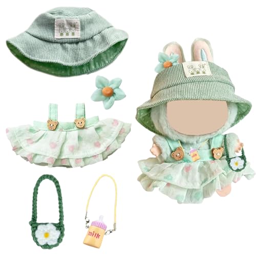 Bekleidung für 17CM Plüsch, Kuscheltier Kleidung Outfit, Puppenkleidung 17 cm 4 Stück, Kleid, Mütze, Kleine Umhängetasche und EIN Babyflaschenanhänger, Junge und Mädchen, Ohne Puppe (Grün) von Ruikdly