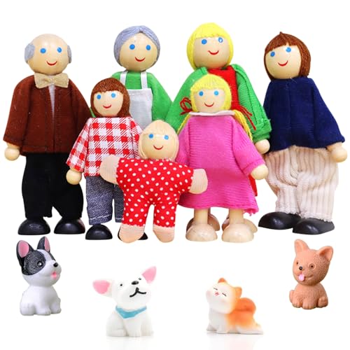 Ruikdly Puppenhaus Puppen, 11 Stück Puppenhaus Figuren Puppen Familie Set Holzpuppe Spielzeug mit Katze und Hund Puppenfamilien Figuren Biegepuppen für Puppenhaus Zubehör Geschenk von Ruikdly