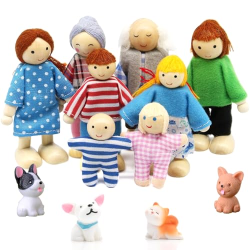 Puppenhaus Puppen, 12 Stück Puppenhaus Figuren Puppen Familie Set Holzpuppe Spielzeug mit Katze und Hund Puppenfamilien Figuren Biegepuppen für Puppenhaus Zubehör Geschenk von Ruikdly