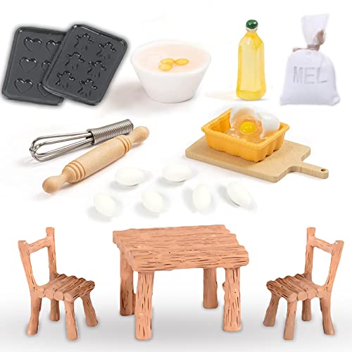 Miniatur Wichtel Zubehör 19 Stück Puppenhaus Mini Küche Backen Set Wichtelhaus Tisch und Stühle Eier, Nudelholz, Mehlbeutel Weihnachten von Ruikdly