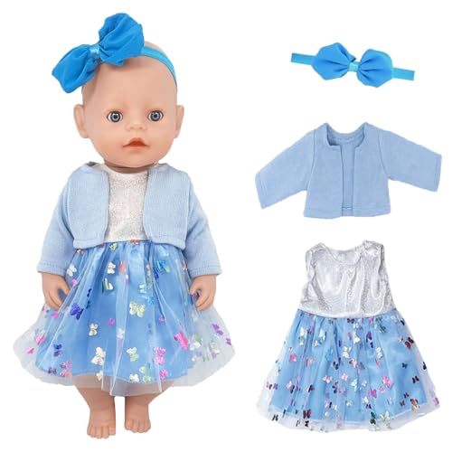 Puppenkleidung für 14-18 Zoll Baby Puppen, 3 Stück Süßes Puppenkleidung 36-43 cm mit Blauem Mantel, Puppen Kleider, Schmetterlingsschleife Stirnband, Neue Puppenkleider Zubehör von Ruikdly
