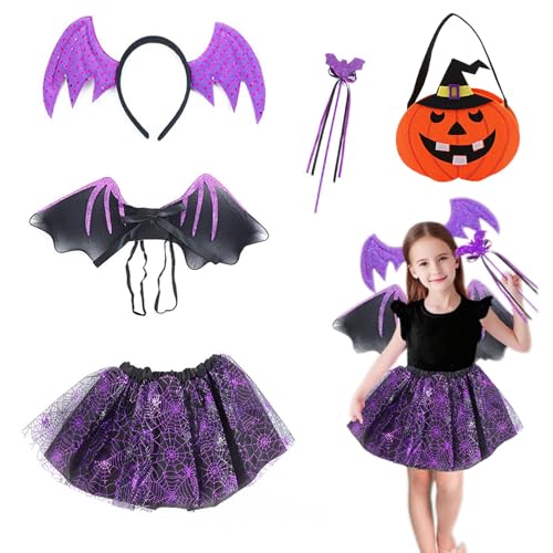 Ruikdly Halloween Kostüm Kinder Fledermaus, 5 Stück Halloween Kostüm Mädchen Fledermaus Tutu, Tiara, Flügeln, Zauberstab und Kürbistasche 3-8 Jahre für Party Mottoparty Fasching von Ruikdly
