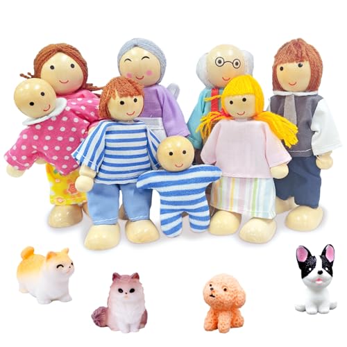 Ruikdly Hölzerne Puppenhaus Puppen - 12 Stück Holz Familie Set mit Katze und Hund, Figuren Biegepuppen für Zubehör Geschenk von Ruikdly