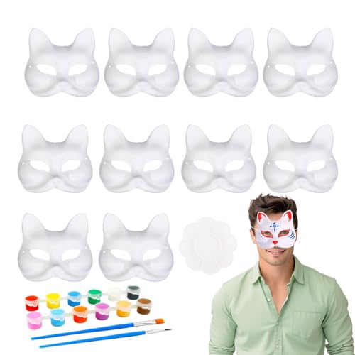 DIY Weißes Papier Maske, Katzenmasken Zum Bemalen Kinder, 10 Stück DIY-Katzenform, Bemalbare Blanko-Masken - Halbe Gesichtsbedeckung, Cosplay-Requisiten Für Halloween-Karnevalskostüm-Partygeschenke von Ruilonghai