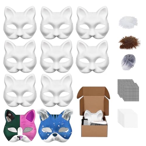10 Stück Katzenmasken, Weiße DIY-Maske zum Ausmalen mit Kunstfell und Augen-Netz, Blank Katze Maske, Fuchs Maske, Therian Mask, Unbemalte Masken für Halloween, Karneval, Cosplay und Maskenbälle von Ruioomeep