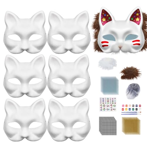6 Stück Katzenmasken, Weiße DIY-Maske zum Ausmalen mit Kunstfell und Augen-Netz, Blank Katze Maske, Fuchs Maske, Therian Mask, Unbemalte Masken für Halloween, Karneval, Cosplay und Maskenbälle von Ruioomeep