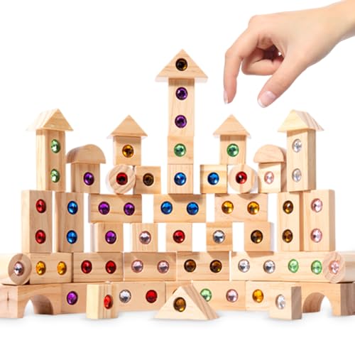 Regenbogen-Stapelspielzeug Aus Holz, Holzbausteine Set für Kinder, Regenbogen Stapelblock, Regenbogen-Stapelspielzeug Aus Holz Mit Acryl Edelstein, Pädagogisches Lernspielzeug Für Kinder (50stk) von Ruioomeep