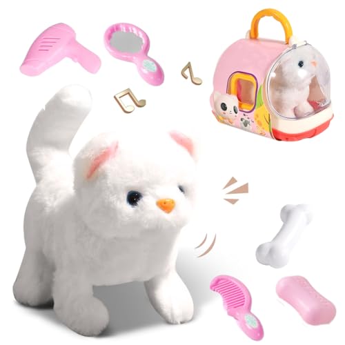 Ruioomeep Dog Toy Children's Elektrischer Plüschhund mit Leine & Hundekäfig, Interaktives Spielzeug für Kinder läuft, bellt, wedelt mit dem Schwanz (Katze) von Ruioomeep