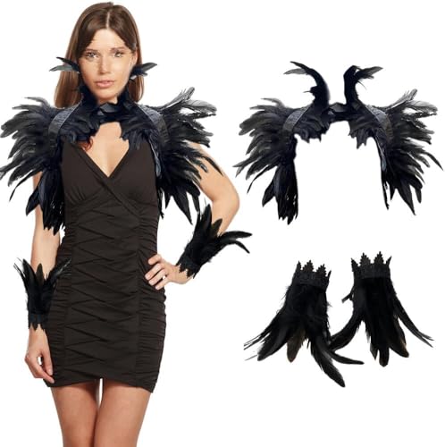 Ruisy 3er Set Gothic Feder Achselzucken Schal Umhang Poncho mit Feder Manschette für Halloween Cosplay Fasching Kostüm (schwarz) von Ruisy