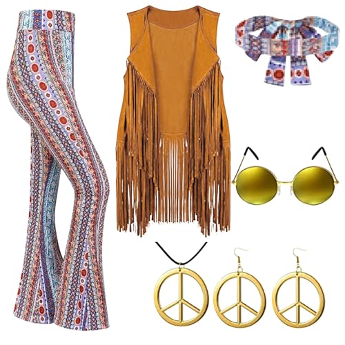 60er 70er Jahre Hippie Kostüm Damen Set mit Fransenweste Schlaghose Damen 70er Hippie Accessoires Hippie Kleidung Damen Kostüm 70er Jahre Bekleidung KostüM Damen 70Er Jahre KarnevalkostüM Damen von Rumity