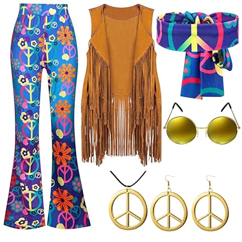 7 Stücke 70er Jahre Frauen Hippie Kostüm Set beinhaltet Fransen Weste Tasche Hose Stirnband Frieden Zeichen Halskette Ohrringe Sonnenbrille für Halloween 70Er Jahre Bekleidung Damen Karneval KostüMe von Rumity