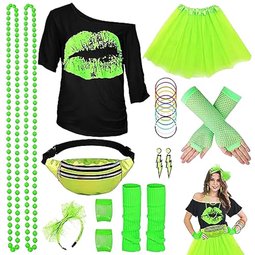 80er Jahre Kostüm Zubehör Set, 80er Jahre Party Outfits Party-T-Shirt Tutu-Rock Beinlinge 80er Zubehör Set für Kostümpartys im Retro-Stil Damen KostüM Fasching KarnevalskostüMe Damen Overall Sexy von Rumity