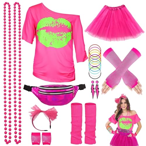 80er Jahre Kostüm Zubehör Set, 80er Jahre Party Outfits Party-T-Shirt Tutu-Rock Beinlinge 80er Zubehör Set für Kostümpartys im Retro-Stil KostüM Erwachsene Damen Karneval Damen 80 Er Puffy TüLlrock von Rumity