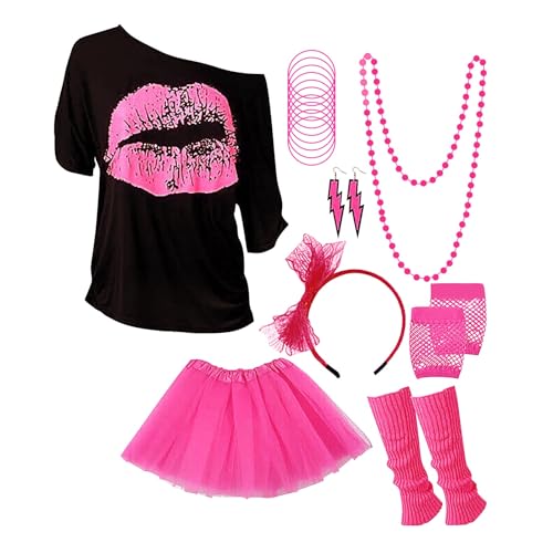 80er Jahre Outfit Damen, 90er Jahre Kostüm Kleidung Accessoires mit T-Shirt,Bauchtasche, Stirnband, Beinwärmer, Armbänder, Brille und Ohrring für Karneval Neon Party Damen Fasching KostüMe Damen von Rumity