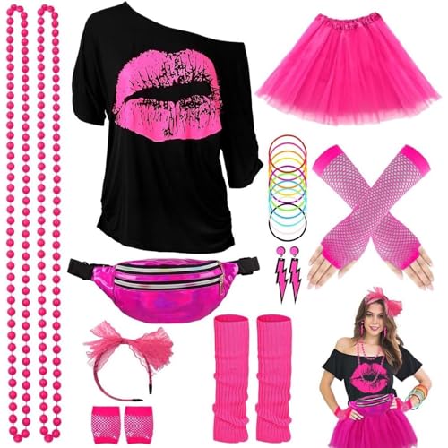 80er Jahre Outfit Damen, 90er Jahre Kostüm Kleidung Accessoires mit T-Shirt,Bauchtasche, Stirnband, Beinwärmer, Armbänder, Brille und Ohrring für Karneval Neon Party Faschings KostüMe Damen KostüM von Rumity