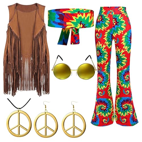 Hippie Kostüm Damen, 70er Jahre Bekleidung Damen, Faschingskostüme Damen, Karneval Kostüm Damen Hippie, Halloween Hippie Dress Up 60Er Jahre Outfit Damen Rockabilly Karneval KostüM Damen Plus Size von Rumity