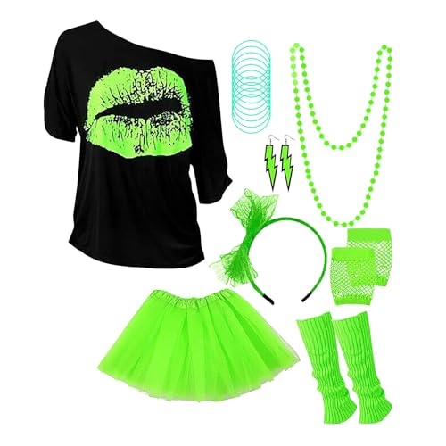 Rumity 80er Jahre Kostüm Zubehör Set, 80er Jahre Party Outfits Party-T-Shirt Tutu-Rock Beinlinge 80er Zubehör Set für Kostümpartys im Retro-Stil Fasching Damen Karneval KostüM Damen Xs von Rumity