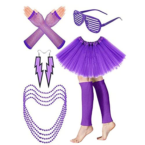 Rumity 80er Jahre Outfit Damen Set Enthalten Ohrring Halskette Stirnband Beinlinge 80er Jahre Kleidung Kostüm Neon Accessoires für Karneval Thema Party Karneval Damen 80 Er Puffy TüLlrock von Rumity