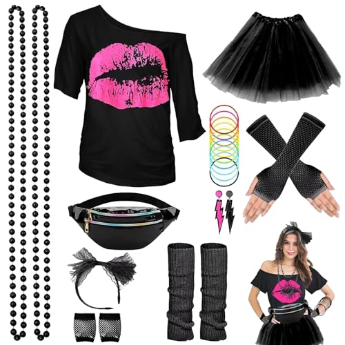 Rumity 90er 80er Jahre Outfit Damen Netzoberteil Accessoire Off Shoulder shirt 80erJahre Kleidung 80iger Schlagerparty Bad Taste Frauen Neon Party Karneval KostüM KarnevalskostüMe Damen Overall Sexy von Rumity