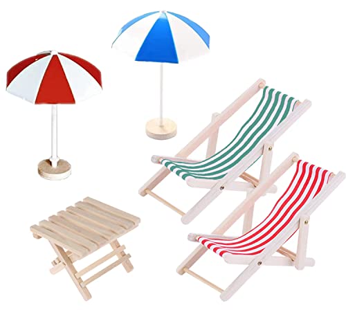 5er Miniatur Strand Stuhl Hölzerner Mini Deko Liegestuhl Sonnenschirm Tisch Puppenliegestuhl Strandstuhl Miniliegestuhl Klappstuhl Stoffsitz für Puppe Strand Mikrolandschaft DIY Deko von RunFar shop