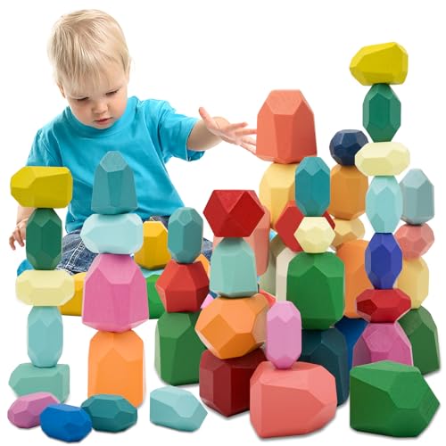 RunHero 39 Stück Stapelsteine Balanciersteine Montessori Holz Bauklötze Spielzeug für Kinder Stapelturm Grimms Holzbausteine Stapelsteine Motorikspielzeug Geschenk für Baby ab 1 2 3 4 5 6 7 8 Jahr von RunHero
