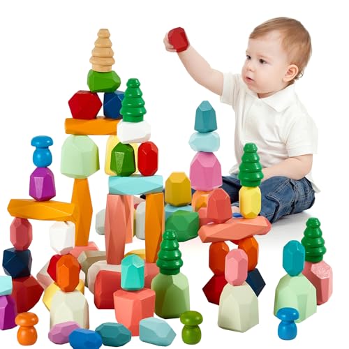 RunHero 58 Stück Stapelsteine Balanciersteine Montessori Holz Bauklötze Spielzeug für Kinder Stapelturm Grimms Holzbausteine Stapelsteine Motorikspielzeug Geschenk für Baby ab 1 2 3 4 5 6 7 8 Jahr von RunHero