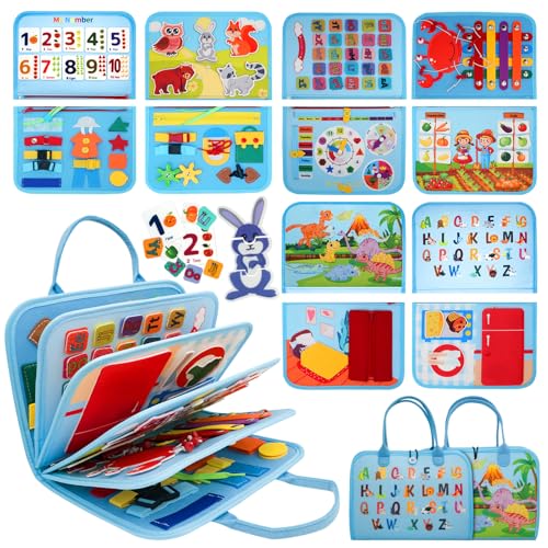 RunHero Busy Board Montessori Spielzeug Baby ab 1 Jahr Quiet Book Activity Board Motorikspielzeug Filzbuch Sensory Spielzeug Geburtstag für 1 2 3 4 5 Jahr Kinder Jungen Mädchen (Blau) von RunHero