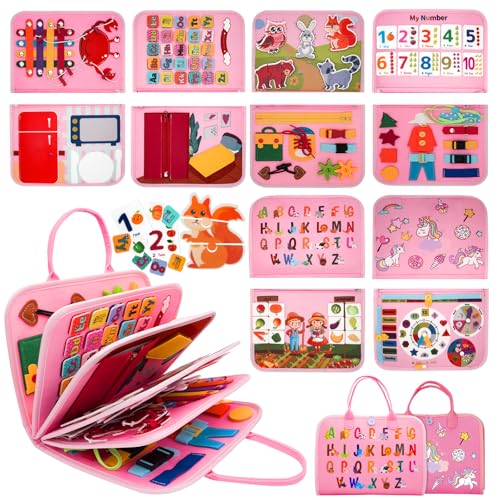 RunHero Busy Board Montessori Spielzeug Baby ab 1 Jahr Quiet Book Activity Board Motorikspielzeug Filzbuch Sensory Spielzeug Geburtstag für 1 2 3 4 5 Jahr Kinder Jungen Mädchen (Rosa) von RunHero