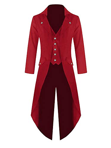 Herren Steampunk viktorianische Jacke Gothic Frack Kostüm Vintage Smoking Wikinger Renaissance Pirat Halloween Mäntel, rot, L von Runcati