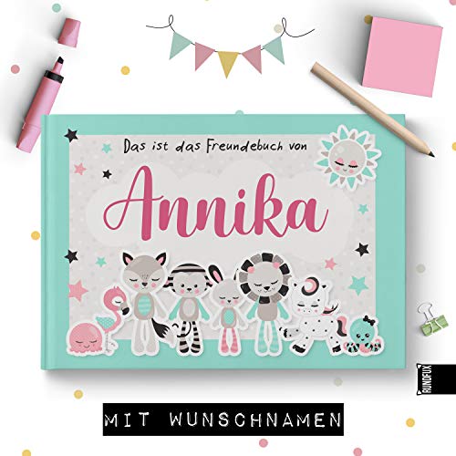 Großes Freundebuch für Mädchen mit Tieren in Pastelltönen | Personalisiert mit Wunschnamen - Jedes Buch EIN Unikat für Schule und Kiga von Rundfux