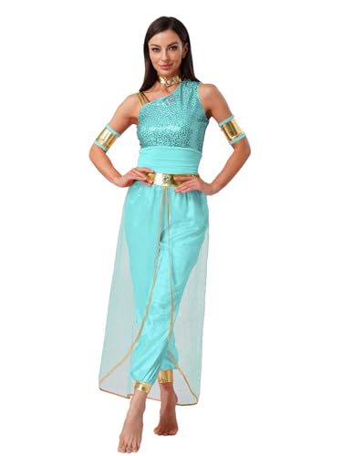 Runhomal Damen Bauchtanz Kostüm Pailletten Overall Arabische Prinzessin Rollenspiel Verkleidung Halloween Karneval Fasching Minzgrün M von Runhomal