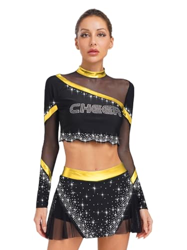 Runhomal Damen Cheer Leadering Kostüm High School Uniform Outfit Langarm Crop Top Und Minirock Set für Halloween Party Karneval Fasching Gold XXL Runhomal Damen Cheer Leadering Kostüm High School Uniform Outfit Langarm Crop Top Und Minirock Set für Halloween Party Karneval Fasching Gold XXL von Runhomal