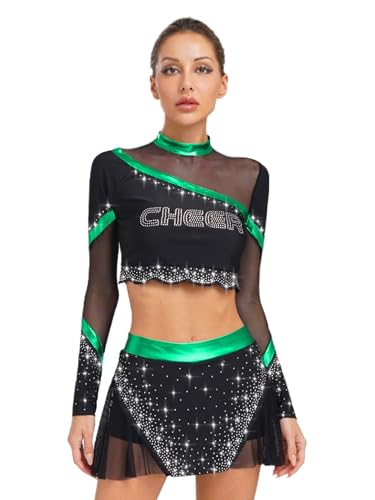 Runhomal Damen Cheer Leadering Kostüm High School Uniform Outfit Langarm Crop Top Und Minirock Set für Halloween Party Karneval Fasching Grün XL Runhomal Damen Cheer Leadering Kostüm High School Uniform Outfit Langarm Crop Top Und Minirock Set für Halloween Party Karneval Fasching Grün XL von Runhomal