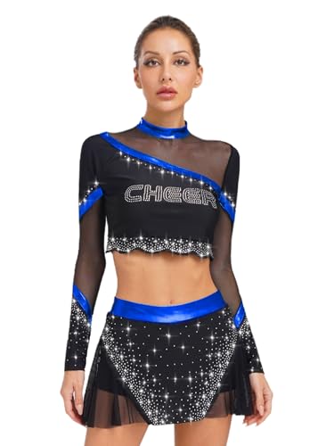 Runhomal Damen Cheer Leadering Kostüm High School Uniform Outfit Langarm Crop Top Und Minirock Set für Halloween Party Karneval Fasching Königsblau XXL Runhomal Damen Cheer Leadering Kostüm High School Uniform Outfit Langarm Crop Top Und Minirock Set für Halloween Party Karneval Fasching Königsblau XXL von Runhomal