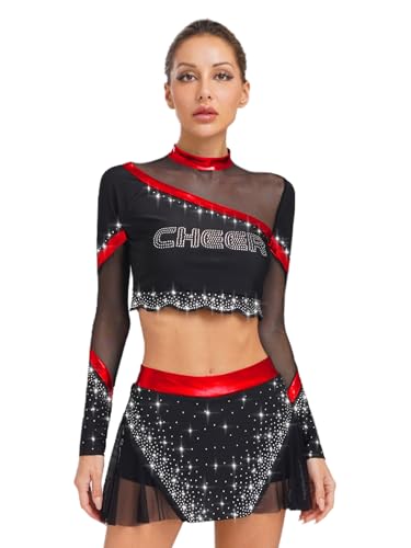 Runhomal Damen Cheer Leadering Kostüm High School Uniform Outfit Langarm Crop Top Und Minirock Set für Halloween Party Karneval Fasching Rot XXL Runhomal Damen Cheer Leadering Kostüm High School Uniform Outfit Langarm Crop Top Und Minirock Set für Halloween Party Karneval Fasching Rot XXL von Runhomal