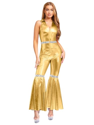 Runhomal Damen Glitzer Metallic Jumpsuit Overall mit Schlaghose Einteilige 70er Jahre Karneval Kostüm Party Faschingskostüm Performance Tanzkostüm Gold XXL von Runhomal