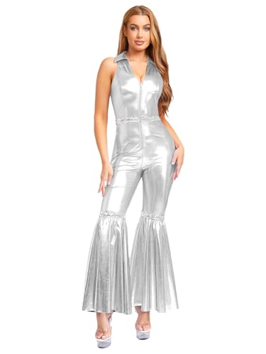 Runhomal Damen Glitzer Metallic Jumpsuit Overall mit Schlaghose Einteilige 70er Jahre Karneval Kostüm Party Faschingskostüm Performance Tanzkostüm Silber XXL von Runhomal