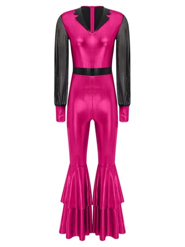 Runhomal Damen Glitzer Overall Langarm Ganzkörperanzug mit Schlaghose Vintage Jumpsuit Festliches Disco Hippie Outfit Für Karneval Cosplay Party Hot Pink XXL von Runhomal