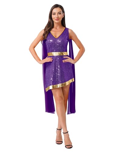 Runhomal Damen Griechische Göttin Kostüm Pailletten Griechisches Toga Kleid mit Schulter Tuch Griechin Venus Cosplay Mottoparty Show Tanzkostüm Violett M von Runhomal