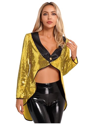 Runhomal Damen Pailletten Frack Zirkus Jacke Smoking Oberbekleidung Glitzer Damenfrack Zirkus Ringmaster Kostüm Faschingskostüm Party Karneval Moderator Gold A L Runhomal Damen Pailletten Frack Zirkus Jacke Smoking Oberbekleidung Glitzer Damenfrack Zirkus Ringmaster Kostüm Faschingskostüm Party Karneval Moderator Gold A L von Runhomal